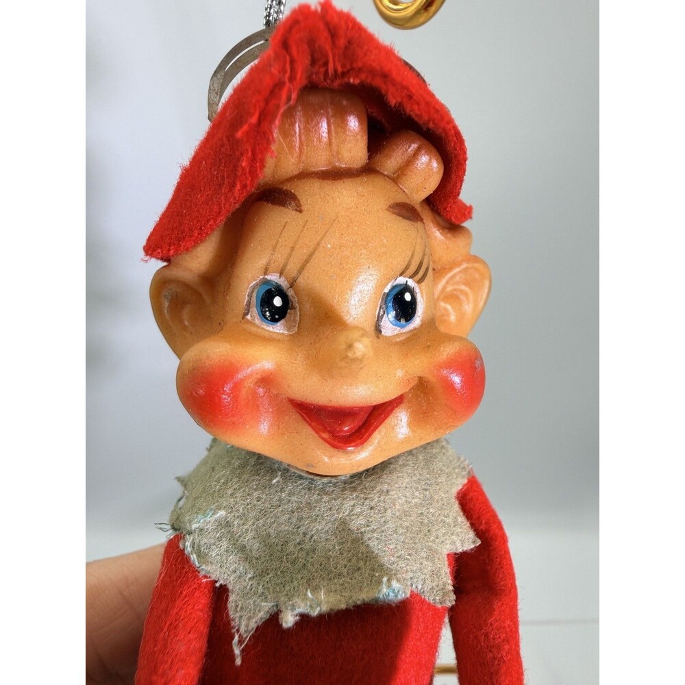 Vintage Christmas Elf Ornament Knee Hugger Red Felt Poseable Pixie Retro - Picture 2 of 13